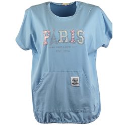   Feliratos, kenguru zsebes, kapucnis, rövid ujjú, pamut anyagból készült, fiatalos, sportos, olasz tunika- világoskék