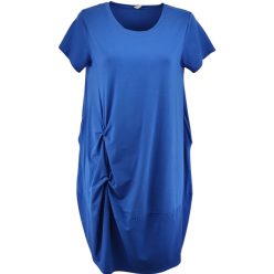   Csomós elejű, hosszú bő egyenes fazonú, molett pamut olasz ruha, környakú, rövidujjú- királykék