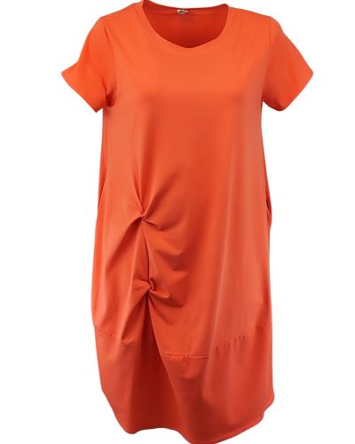 Csomós elejű, hosszú bő egyenes fazonú, molett pamut olasz ruha, környakú, rövidujjú- narancssárga