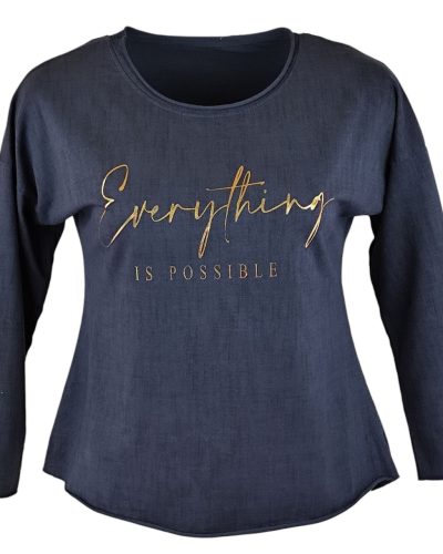 Arany feliratos elejű, hátul sima egyszínű, vastagabb pamut anyagból készült, karcsúsított, hosszú ujjú, környakú, fiatalos olasz felsőrész- sötétkék