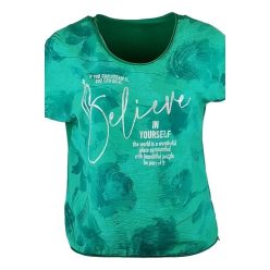   Belive arany feliratos batikolt elejű, hátul sima egyszínű pamut, rövid ujjú, környakú, fiatalos olasz felsőrész- türkíz zöld