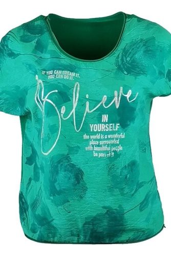 Belive arany feliratos batikolt elejű, hátul sima egyszínű pamut, rövid ujjú, környakú, fiatalos olasz felsőrész- türkíz zöld