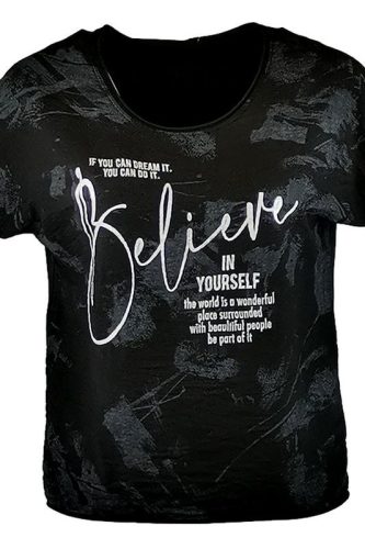 Belive arany feliratos batikolt elejű, hátul sima egyszínű pamut, rövid ujjú, környakú, fiatalos olasz felsőrész- fekete