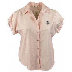   Egyszínű, rövid ujjú, galléros, rövidebb egyenes fazonú, fiatalos olasz vékony viszkóz ingblúz, kis köves mackóval- púder szín