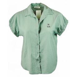   Egyszínű, rövid ujjú, galléros, rövidebb egyenes fazonú, fiatalos olasz vékony viszkóz ingblúz, kis köves mackóval- almazöld