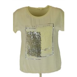   Nagy flitteres csipkés elejű ezüst feliratos, hátul sima pamut anyagból készült, rövid ujjú, környakú, olasz fiatalos felsőrész, alul meghúzható zsinórral - sárga , ezüst