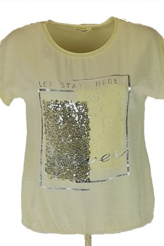 Nagy flitteres csipkés elejű ezüst feliratos, hátul sima pamut anyagból készült, rövid ujjú, környakú, olasz fiatalos felsőrész, alul meghúzható zsinórral - sárga , ezüst