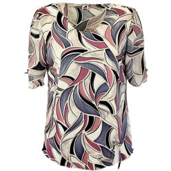   Maggi, rövid muszlin ujjú, környakú, krém szín alapon mintás viszkóz anyagból készült, egyenes fazonú, molett lengyel tunika- krém szín, mályva