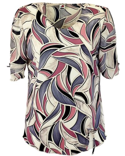 Maggi, rövid muszlin ujjú, környakú, krém szín alapon mintás viszkóz anyagból készült, egyenes fazonú, molett lengyel tunika- krém szín, mályva