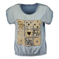   9 kis aranyozott kocka mintás, hátul sima egyszínű pamut anyagból készült, rövid ujjú, környakú, fiatalos olasz felsőrész, alul gumírozott- világos kék, arany