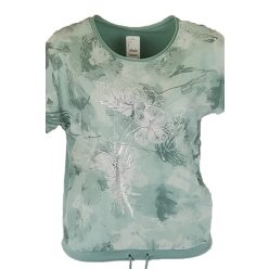   Virágos elejű felső beautiful felirattal, hátul sima egyszínű pamut anyagból készült, rövid ujjú, környakú, fiatalos olasz felsőrész, alul meghúzható zsinórral- türkíz zöld, fehér