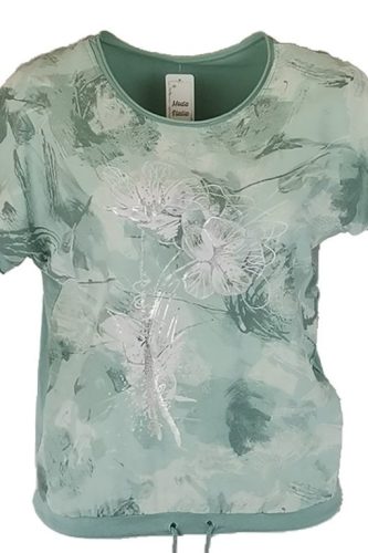 Virágos elejű felső beautiful felirattal, hátul sima egyszínű pamut anyagból készült, rövid ujjú, környakú, fiatalos olasz felsőrész, alul meghúzható zsinórral- türkíz zöld, fehér