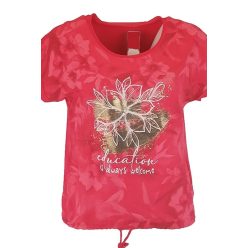   Education feliratos, nagy arany virágos, batikolt elejű, hátul sima egyszínű pamut, rövid ujjú, környakú, fiatalos olasz felsőrész, alul meghúzható zsinórral- korall szín, fehér, arany