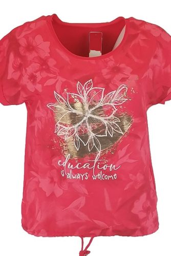 Education feliratos, nagy arany virágos, batikolt elejű, hátul sima egyszínű pamut, rövid ujjú, környakú, fiatalos olasz felsőrész, alul meghúzható zsinórral- korall szín, fehér, arany