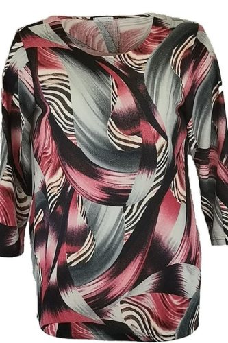 Kötött hullám  mintás anyagból készült, hosszított egyenes fazonú, zsebes, hosszú ujjú, környakú,  Ilona fiatalos molett lengyel tunika- fekete, pink, szürke