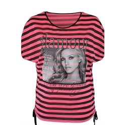   Glamour lány fej képes elejű, pink fekete csíkos, kétoldalt összehúzható aljú, rövid ujjú, környakú, fiatalos nyári olasz felsőrész- pink, fekete