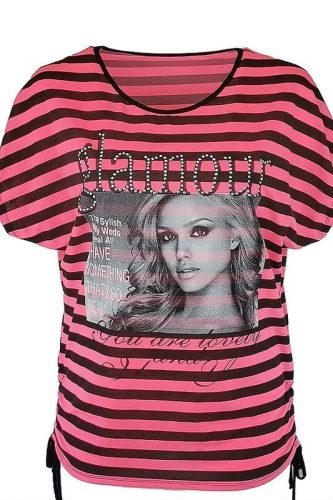 Glamour lány fej képes elejű, pink fekete csíkos, kétoldalt összehúzható aljú, rövid ujjú, környakú, fiatalos nyári olasz felsőrész- pink, fekete