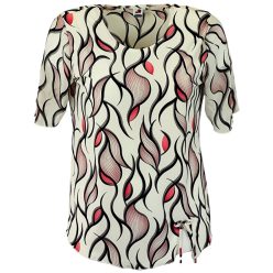   Maggi, rövid muszlin ujjú, környakú, krém szín alapon levél mintás viszkóz anyagból készült, egyenes fazonú, molett lengyel tunika- krém szín, világos korall