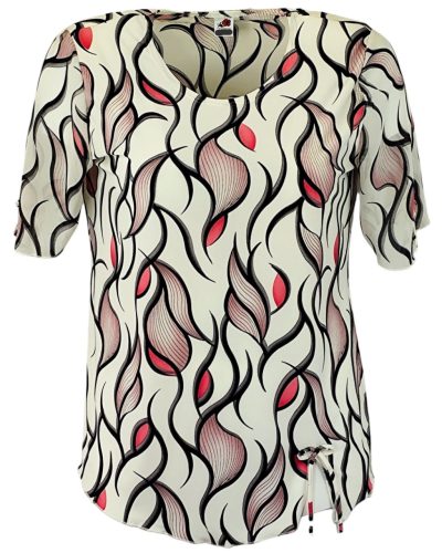 Maggi, rövid muszlin ujjú, környakú, krém szín alapon levél mintás viszkóz anyagból készült, egyenes fazonú, molett lengyel tunika- krém szín, világos korall