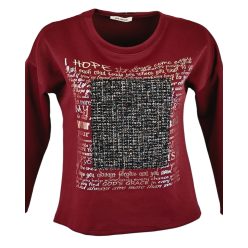   Egyszínű, vastagabb puntó anyagú, környakú, hosszú ujjú, fiatalos olasz felsőrész- bordó