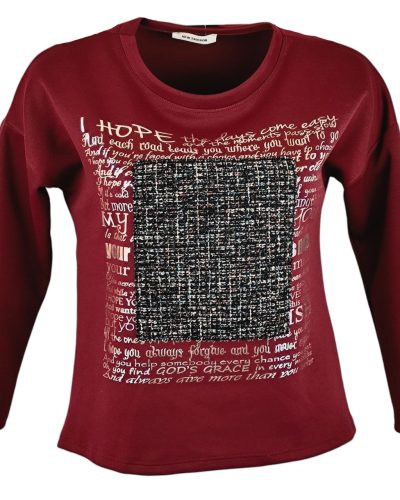 Egyszínű, vastagabb puntó anyagú, környakú, hosszú ujjú, fiatalos olasz felsőrész- bordó