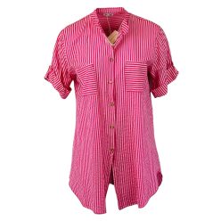   Vékony, függőleges csíkos, galléros, gombos, rövid ujjú, hosszított egyenes fazonú, fehér csíkos pamut-vászon anyagból készült fiatalos olasz ingtunika zsebbel- pink-fehér