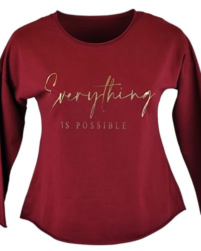 Arany feliratos elejű, hátul sima egyszínű, vastagabb pamut anyagból készült, karcsúsított, hosszú ujjú, környakú, fiatalos olasz felsőrész- bordó