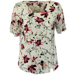  Maggi, rövid muszlin ujjú, környakú, krém szín alapon virág mintás viszkóz anyagból készült, egyenes fazonú, molett lengyel tunika- krém szín, bordó
