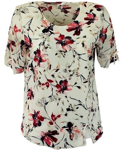Maggi, rövid muszlin ujjú, környakú, krém szín alapon virág mintás viszkóz anyagból készült, egyenes fazonú, molett lengyel tunika- krém szín, bordó