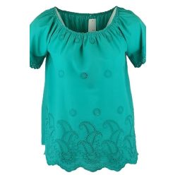   Gumírozott nyaku, vállra húzható, madeirás anyagból készült, rövid ujjú, egyszínű, olasz felsőrész- türkíz zöld