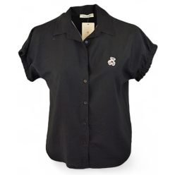   Egyszínű, rövid ujjú, galléros, rövidebb egyenes fazonú, fiatalos olasz vékony viszkóz ingblúz, kis köves mackóval- fekete