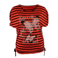   Glamour pillangós elejű, narancssárga fekete csíkos, kétoldalt összehúzható aljú, rövid ujjú, környakú, fiatalos nyári olasz felsőrész- narancssárga, fekete