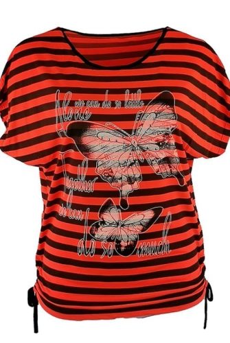 Glamour pillangós elejű, narancssárga fekete csíkos, kétoldalt összehúzható aljú, rövid ujjú, környakú, fiatalos nyári olasz felsőrész- narancssárga, fekete