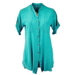   Hosszú egyenes fazonú, rövid ujjú, zsebes, egyszínű, könnyű nyári olasz géz ing- türkíz zöld