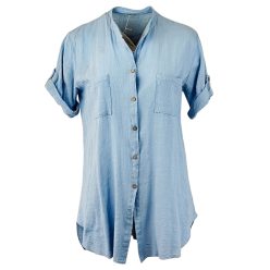   Hosszú egyenes fazonú, rövid ujjú, zsebes, egyszínű, könnyű nyári olasz géz ing- világoskék