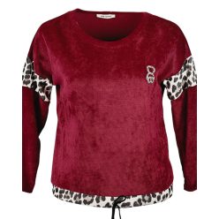   Vastag bordás anyagú, ocelot állatmintával díszített, egyszínű, hosszú ujjú, környakú, fiatalos olasz felsőrész, kis mackóval- bordó