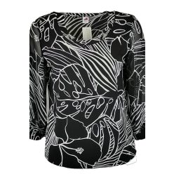   Maggi fekete alapon nagy fehér levél mintás, hosszú muszlin ujjú, lengyel alkalmi felső egyenes vonalú, környakú- fekete, fehér