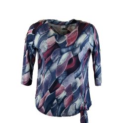   Bella sötétkék alapon bordó hullám mintás, 3/4-es ujjú, környakú, egyenes alul masnis fazonú, lengyel alkalmi felsőrész- sötétkék, farmer kék, bordó