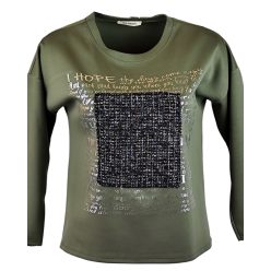   Egyszínű, vastagabb puntó anyagú, környakú, hosszú ujjú, fiatalos olasz felsőrész- keki zöld