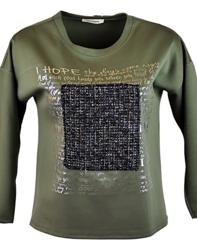 Egyszínű, vastagabb puntó anyagú, környakú, hosszú ujjú, fiatalos olasz felsőrész- keki zöld