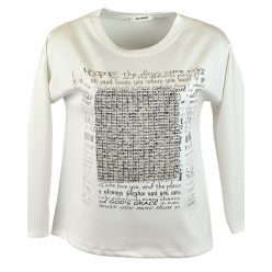   Egyszínű, vastagabb puntó anyagú, környakú, hosszú ujjú, fiatalos olasz felsőrész- krémfehér