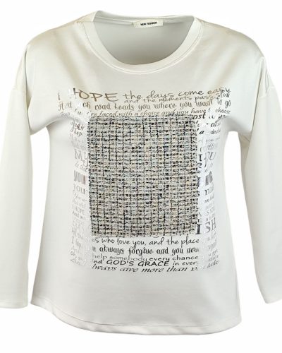 Egyszínű, vastagabb puntó anyagú, környakú, hosszú ujjú, fiatalos olasz felsőrész- krémfehér