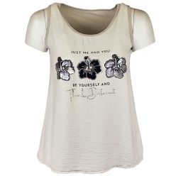   3 virággal díszített, ujjatlan, pamut, fiatalos olasz felsőrész- drapp