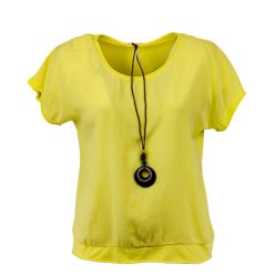  Egyszínű, egyenes csípőre érő fazonú, rövidujjú, környakú, pamut, fiatalos olasz felsőrész, lánccal- sárga