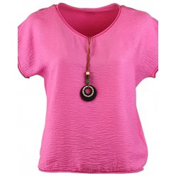   Egyszínű, egyenes csípőre érő fazonú, rövidujjú, környakú, fiatalos olasz felsőrész, lánccal- pink