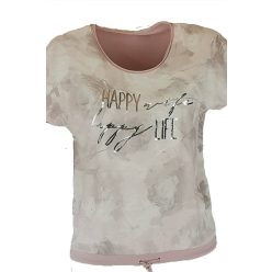   Happy ezüst feliratos, batikolt elejű, hátul sima egyszínű pamut anyagból készült, rövid ujjú, környakú, fiatalos olasz felsőrész, alul meghúzható zsinórral- halvány púder, ezüst