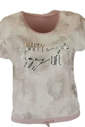 Happy ezüst feliratos, batikolt elejű, hátul sima egyszínű pamut anyagból készült, rövid ujjú, környakú, fiatalos olasz felsőrész, alul meghúzható zsinórral- halvány púder, ezüst