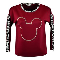   Ocelot állat mintás, micky egér fejes, vastagabb puntó anyagú, környakú, hosszú ujjú, fiatalos olasz felsőrész- bordó