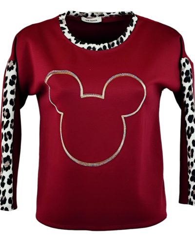 Ocelot állat mintás, micky egér fejes, vastagabb puntó anyagú, környakú, hosszú ujjú, fiatalos olasz felsőrész- bordó