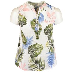   Levél mintás, ujjatlan, nyitott nyakú, félig gombos, rövidebb egyenes fazonú, fiatalos olasz géz ingblúz kis zsebbel- fehér, zöld